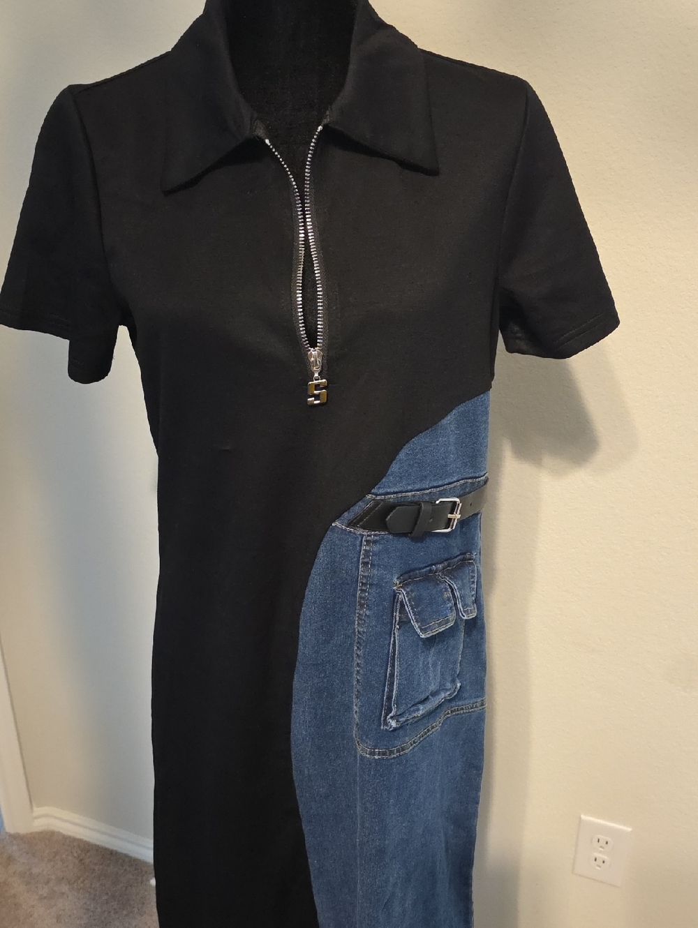 Black Zip Dress with Denim Panel & Buckle